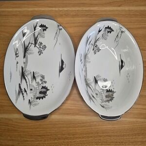 Vintage Mori China Japan Oval Serving Platter and Bowl Set Hand Painted Platinum